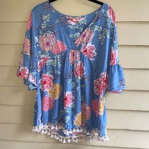 KORI AMERICA boho blue floral pom pom top